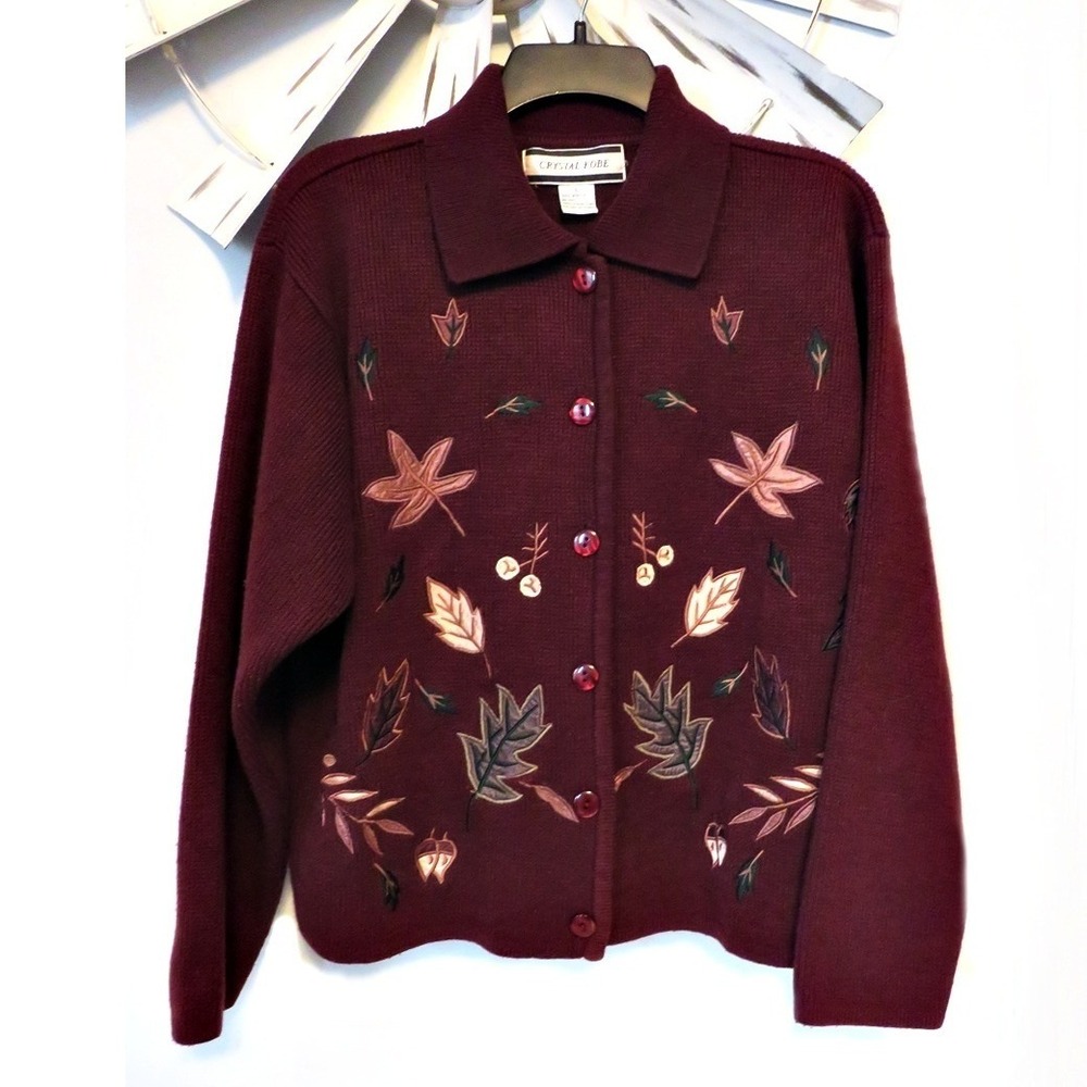 Vintage Crystal-Kobe Cardigan Sweater L Burgundy Embroidered Fall Leaves Buttons